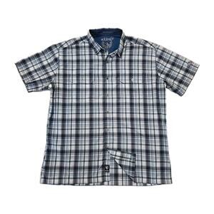 KUHL Eluxur Shirt Mens XL Blue Plaid Short Sleeve Button Up IONIK Quick Dry Hike